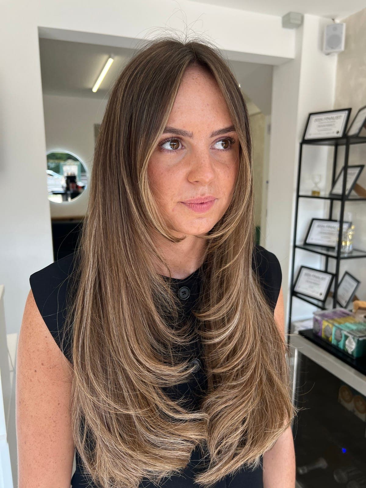A client with long brunette hair in soft layers, lightly dimensional with a smooth blow dry.