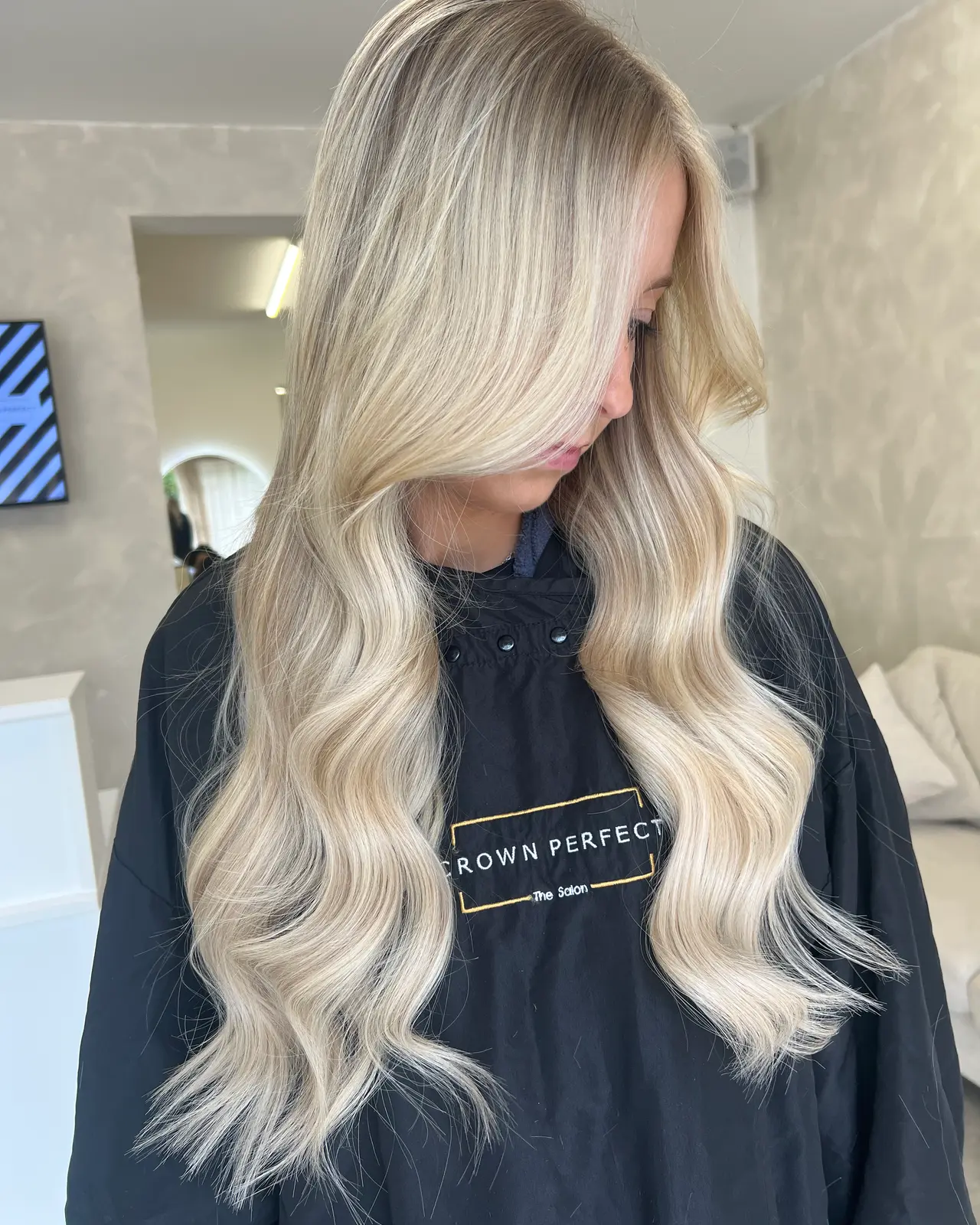Long wavy blonde balayage with tape extensions, Crown Perfect, Worcester Park, Surrey
