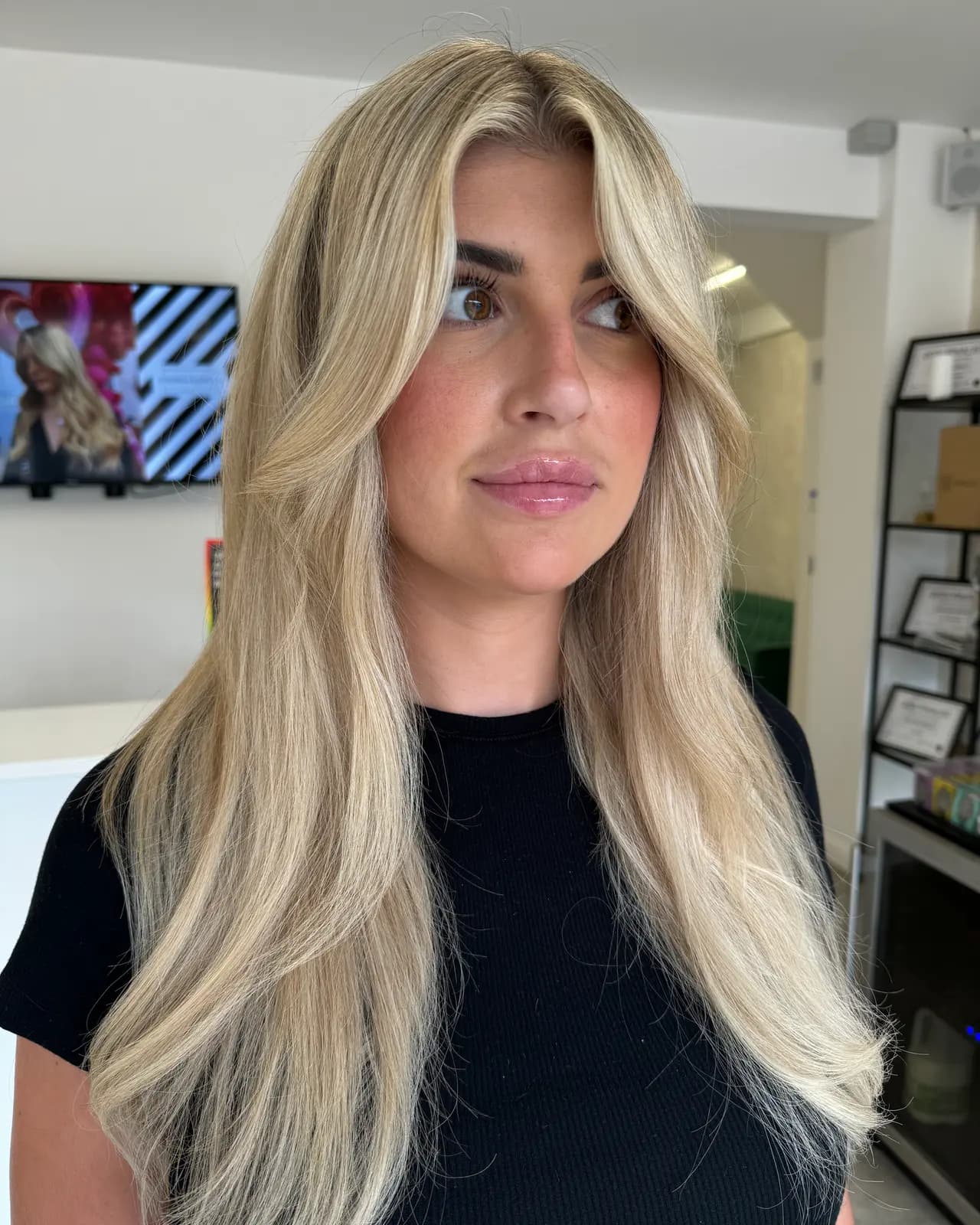 Long blonde highlights with a pack of hair extensions for length and fullness, Crown Perfect, Surrey