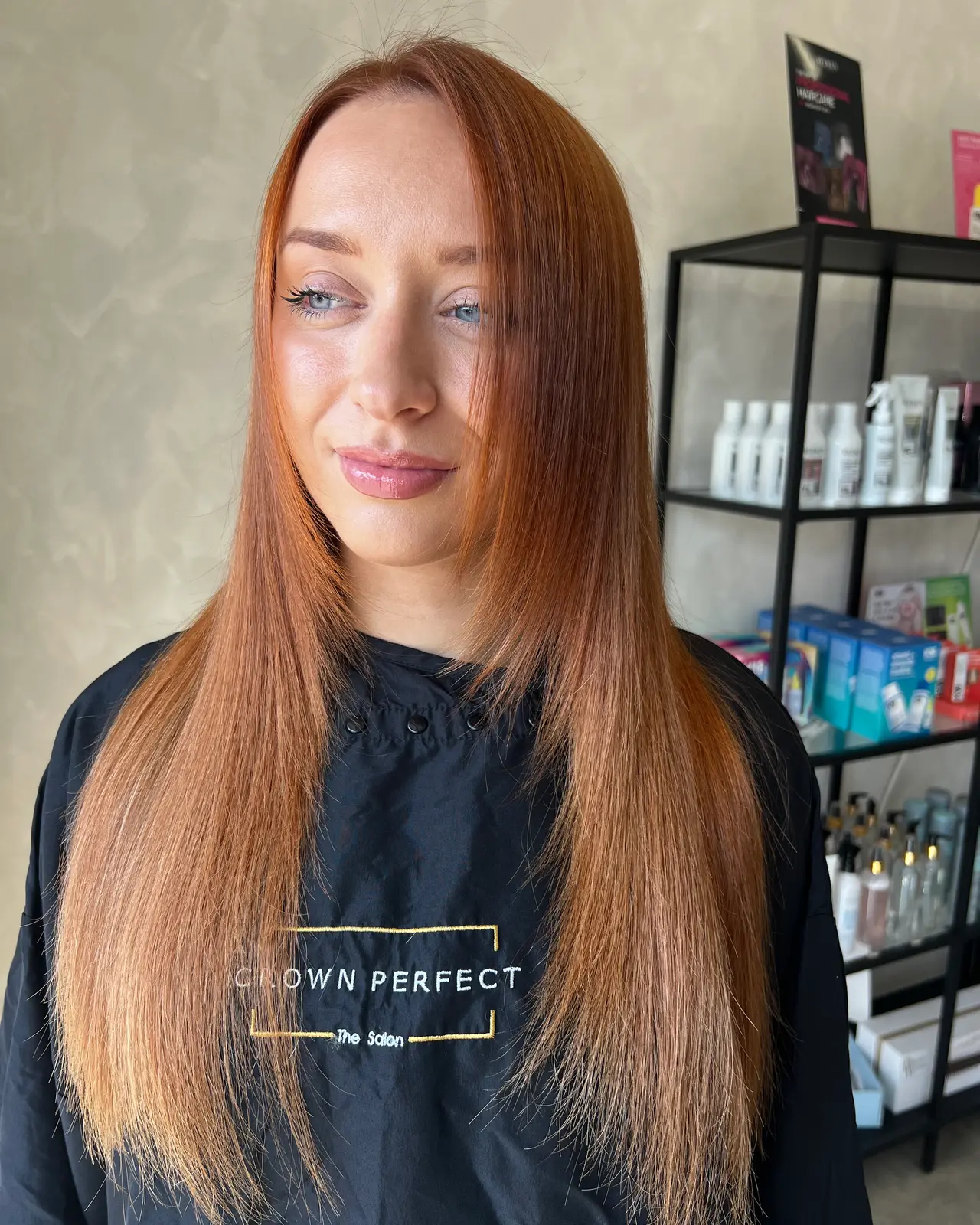 Long, straight copper hair after an extensions maintenance appointment, Crown Perfect, Surrey