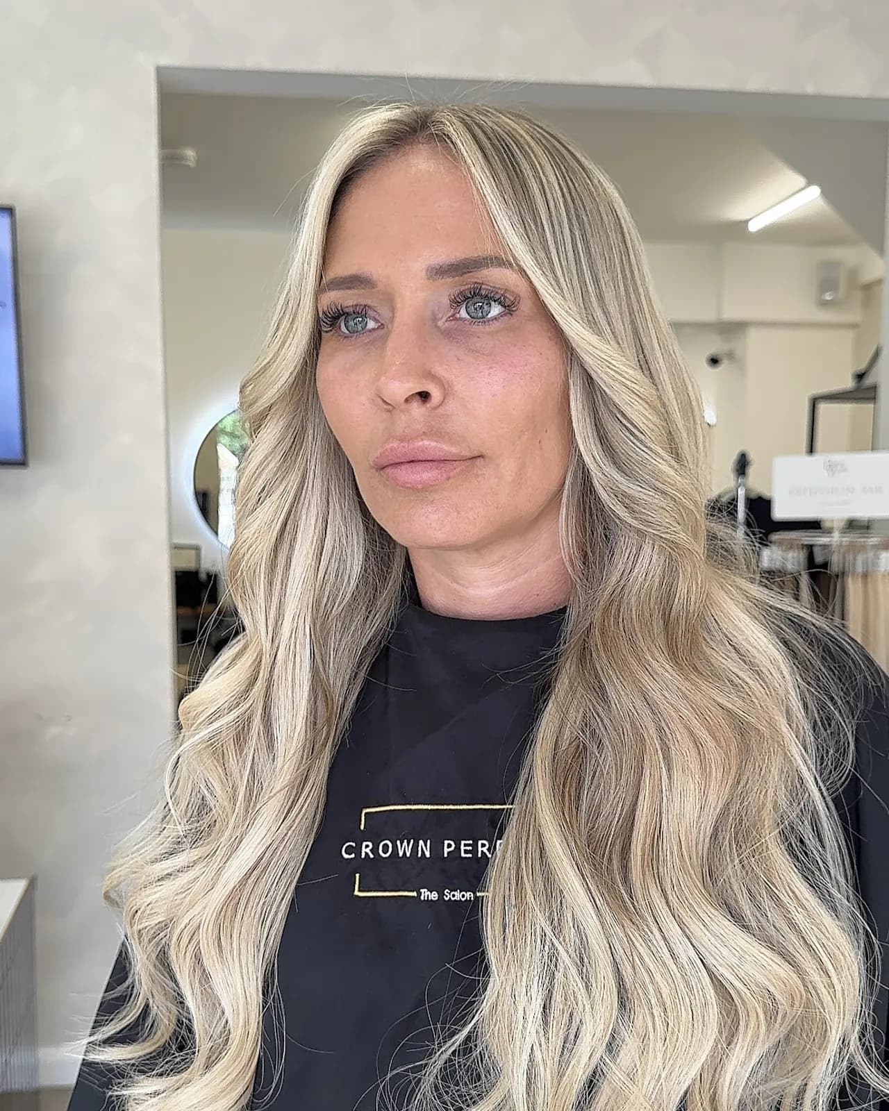 Long, wavy blonde balayage with hair extensions for extra length and volume, Crown Perfect, Surrey