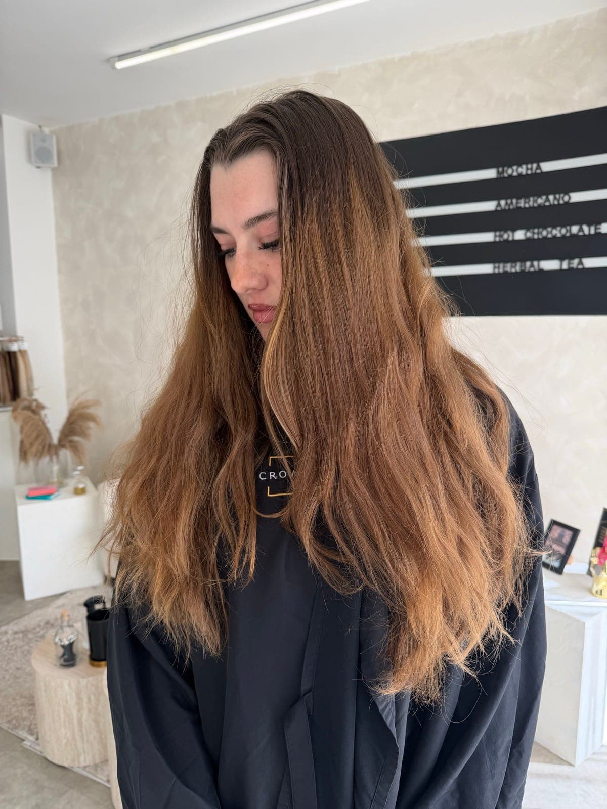 A long brunette colour and glossy blow-dry transformation, before